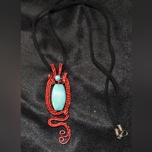 Red and Teal Wire Wrapped Pendant Necklace
